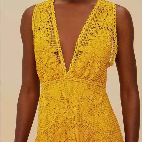 NWOT! Farm Rio Landscape Guipure Mustard Yellow Midi Dress - Picture 2 of 6